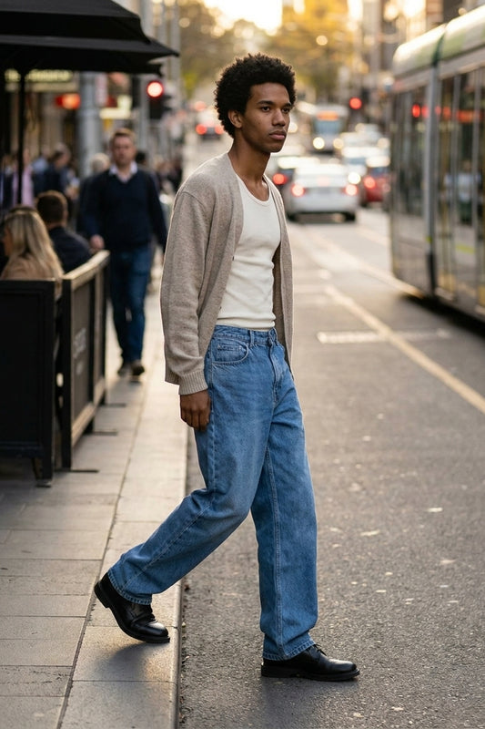 BENJI OVERSIZED FIT JEANS Faded Blue men's full-body side movement view