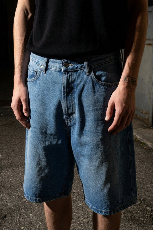 BLAKE OVERSIZED DENIM SHORTS Faded Blue men's front construction detail crop