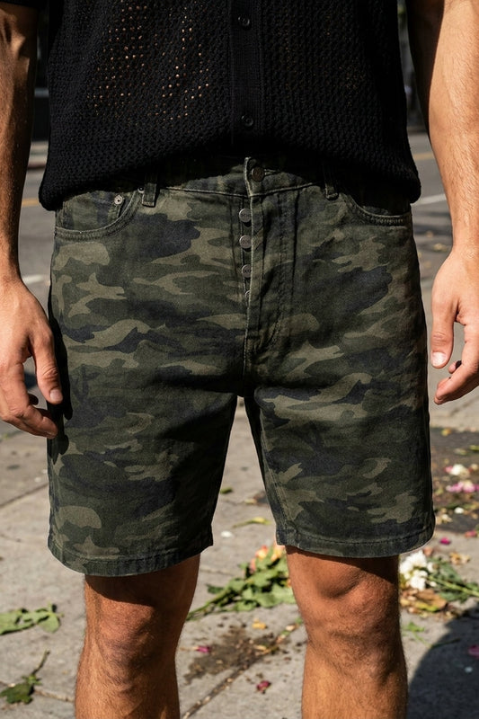 BLAKE OVERSIZED DENIM SHORTS Splatter Camo men's front construction detail crop