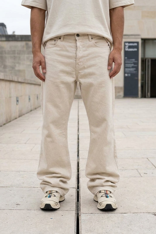 BOSTON WIDE FLARE JEANS Natural Ecru men's front waist-to-hem crop