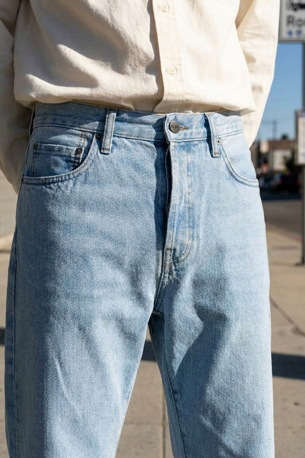 BENJI OVERSIZED FIT JEANS Clear Sky men's front construction detail crop