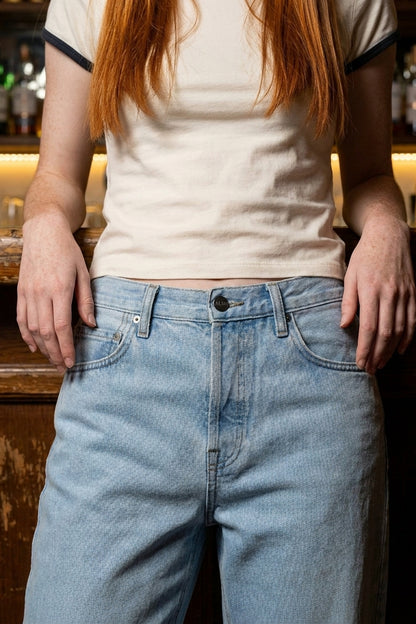 BENJI OVERSIZED FIT JEANS Clear Sky women's front construction detail crop