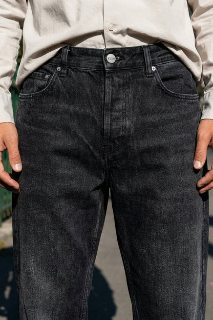 BENJI OVERSIZED FIT JEANS Faded Black men's front construction detail crop