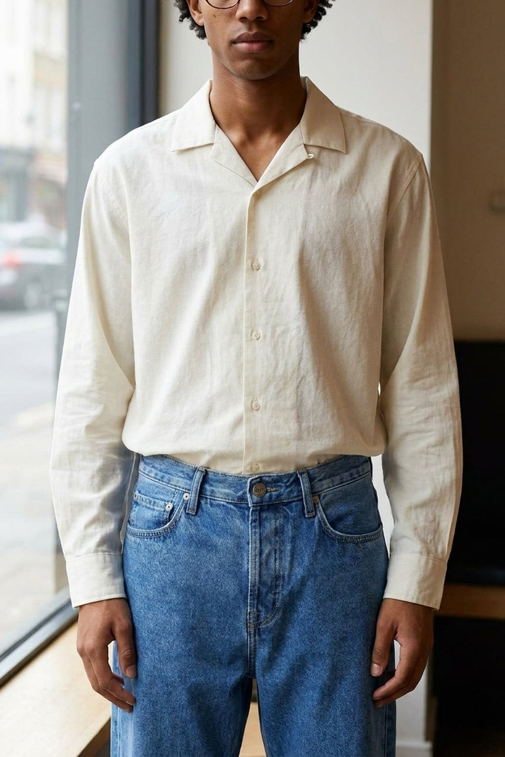 BENJI OVERSIZED FIT JEANS Faded Blue men's front construction detail crop