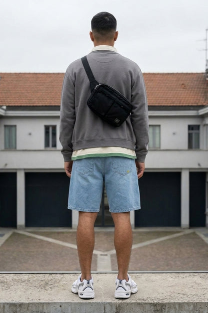 BLAKE OVERSIZED DENIM SHORTS Clear Sky men's full-body back view