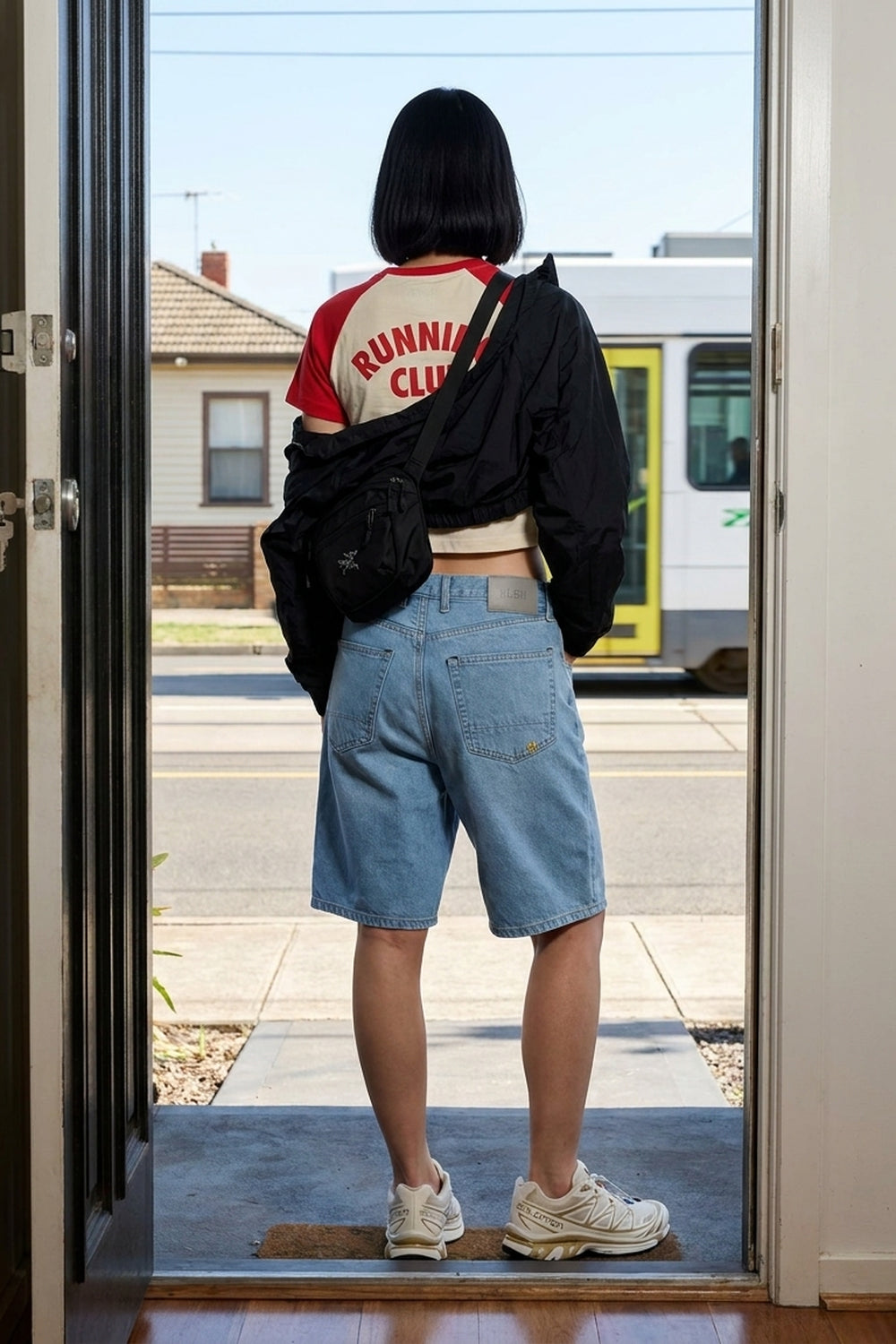 BLAKE OVERSIZED DENIM SHORTS Clear Sky women's full-body back view