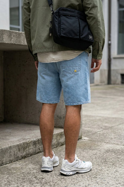 BLAKE OVERSIZED DENIM SHORTS Clear Sky men's back waist-to-hem crop