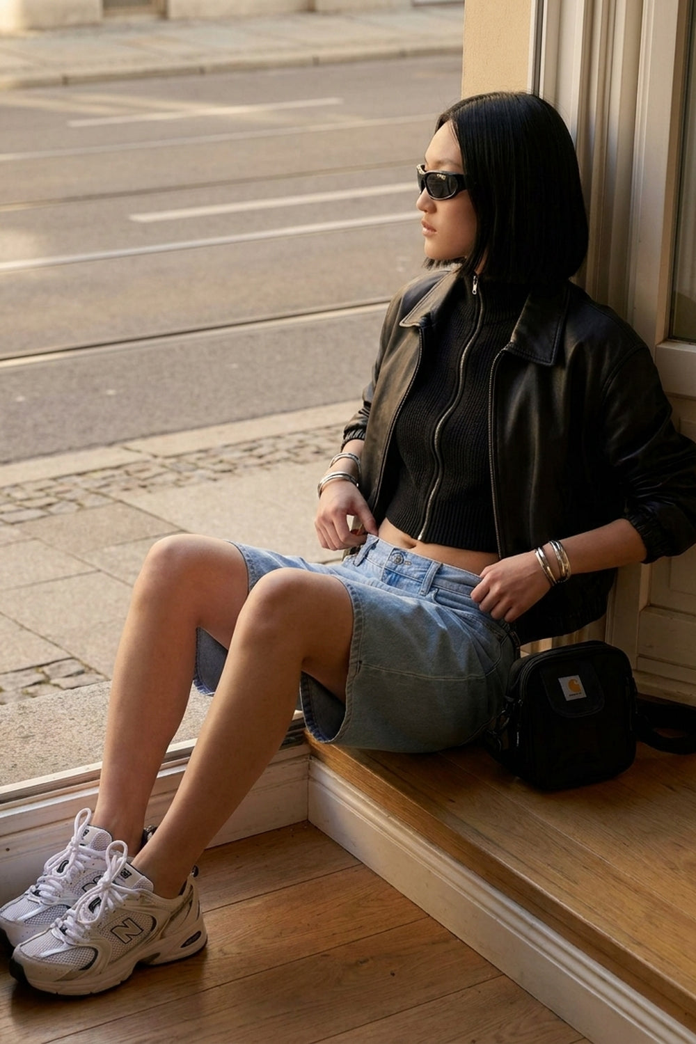 BLAKE OVERSIZED DENIM SHORTS Clear Sky women's seated real-use fit shot