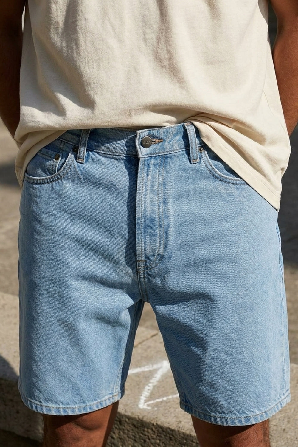 BLAKE OVERSIZED DENIM SHORTS Clear Sky men's front construction detail crop