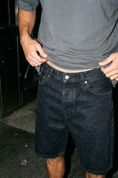 BLAKE OVERSIZED DENIM SHORTS Faded Black men's front construction detail crop