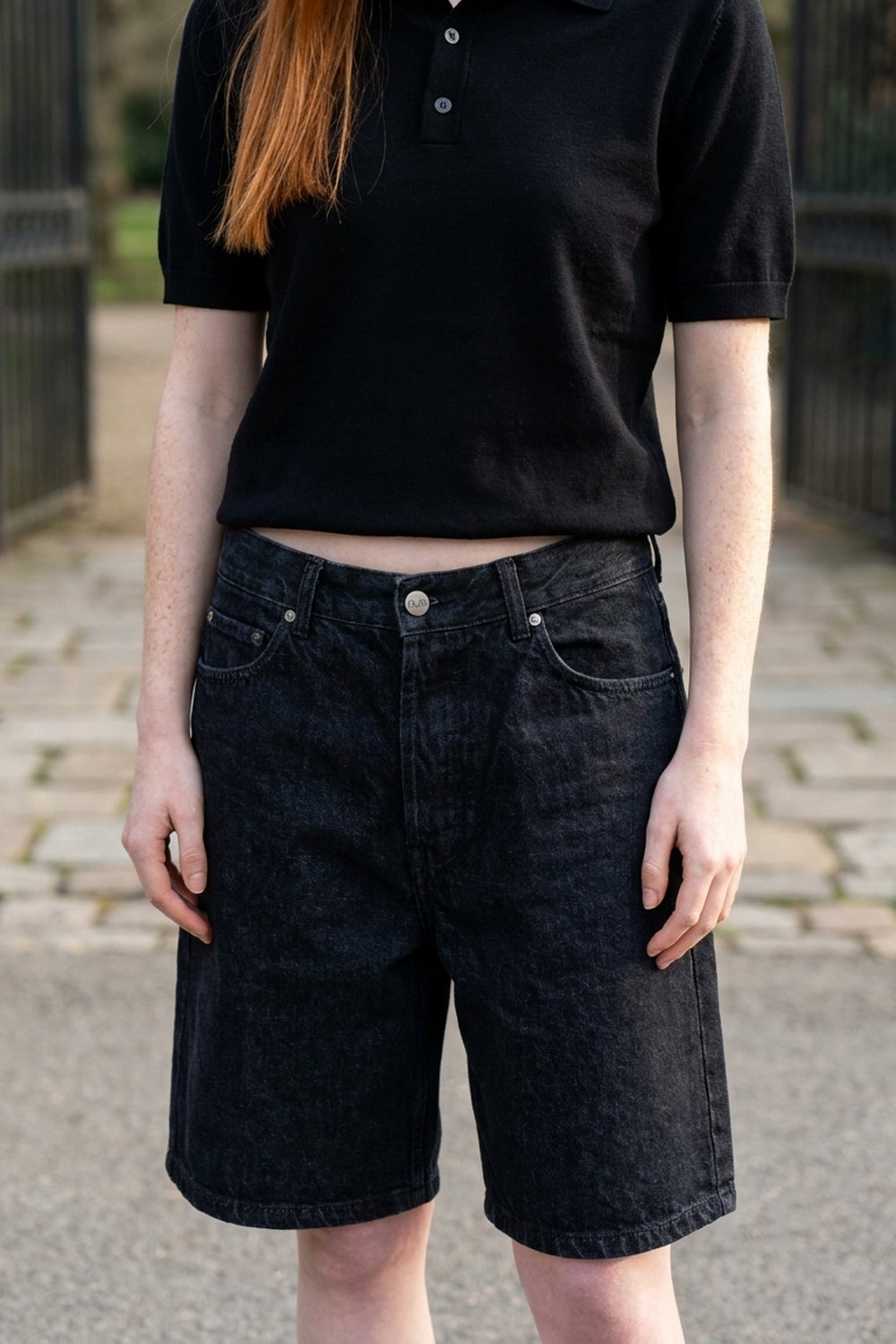 BLAKE OVERSIZED DENIM SHORTS Faded Black women's front construction detail crop