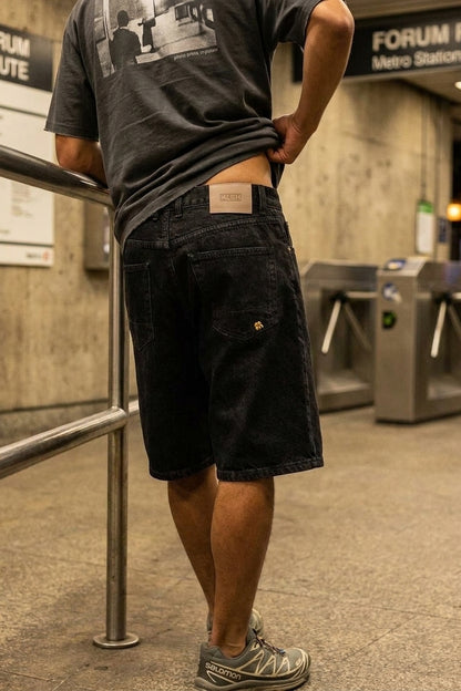 BLAKE OVERSIZED DENIM SHORTS Faded Black men's back pocket detail crop