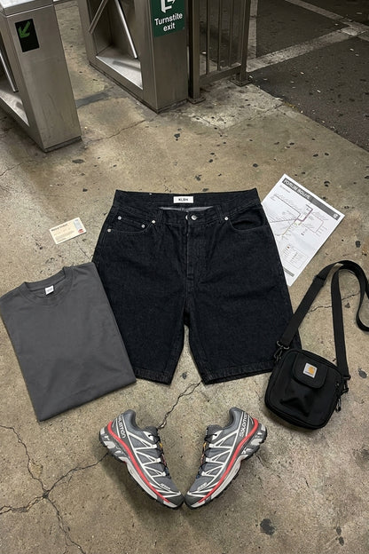 BLAKE OVERSIZED DENIM SHORTS Faded Black men's knolling flat lay