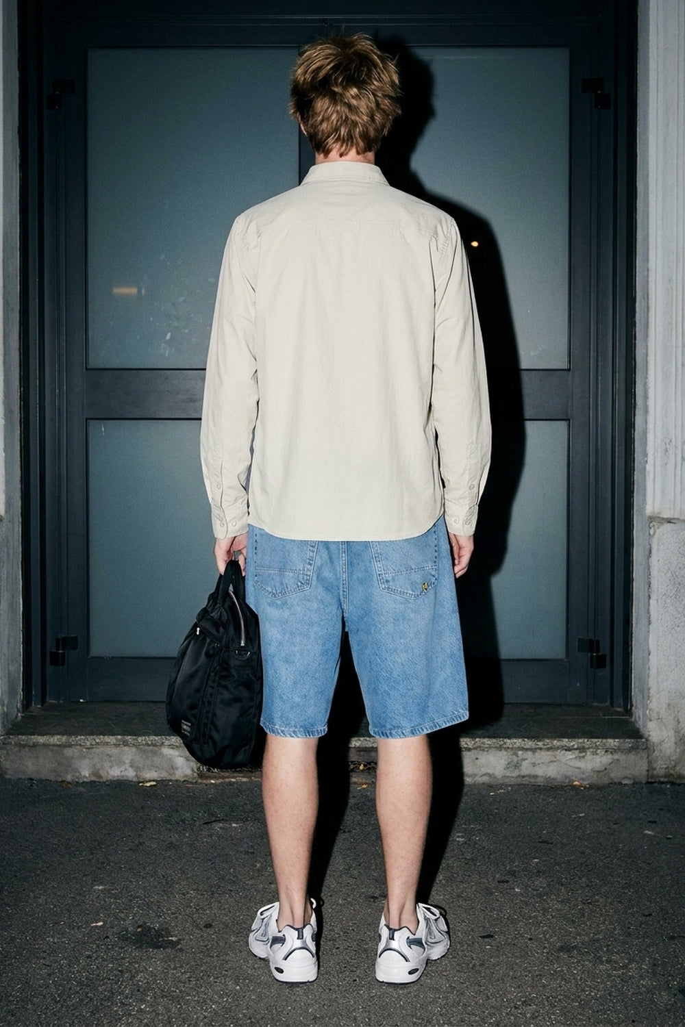 BLAKE OVERSIZED DENIM SHORTS Faded Blue men's full-body back view