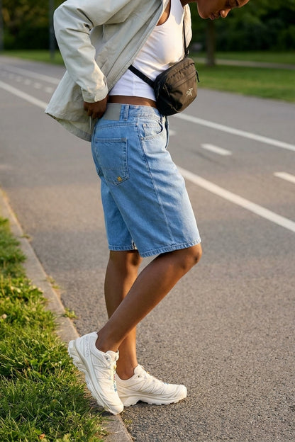 BLAKE OVERSIZED DENIM SHORTS Faded Blue women's side waist-to-hem crop