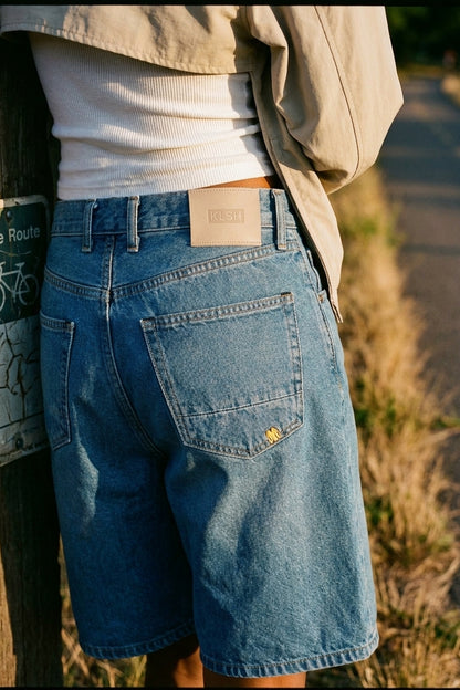 BLAKE OVERSIZED DENIM SHORTS Faded Blue women's back pocket detail crop