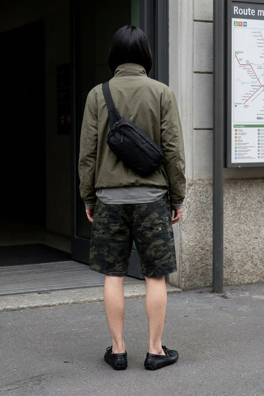 BLAKE OVERSIZED DENIM SHORTS Splatter Camo women's full-body back view