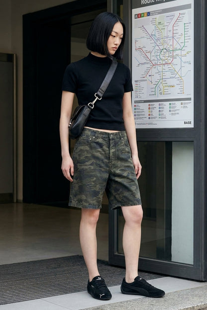 BLAKE OVERSIZED DENIM SHORTS Splatter Camo women's front waist-to-hem crop
