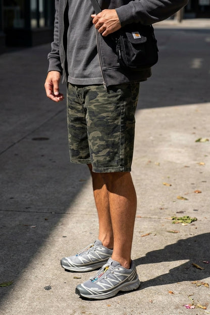 BLAKE OVERSIZED DENIM SHORTS Splatter Camo men's side waist-to-hem crop