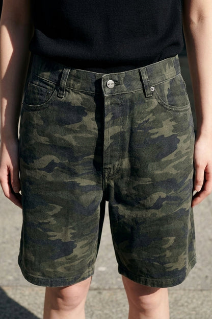 BLAKE OVERSIZED DENIM SHORTS Splatter Camo women's front construction detail crop