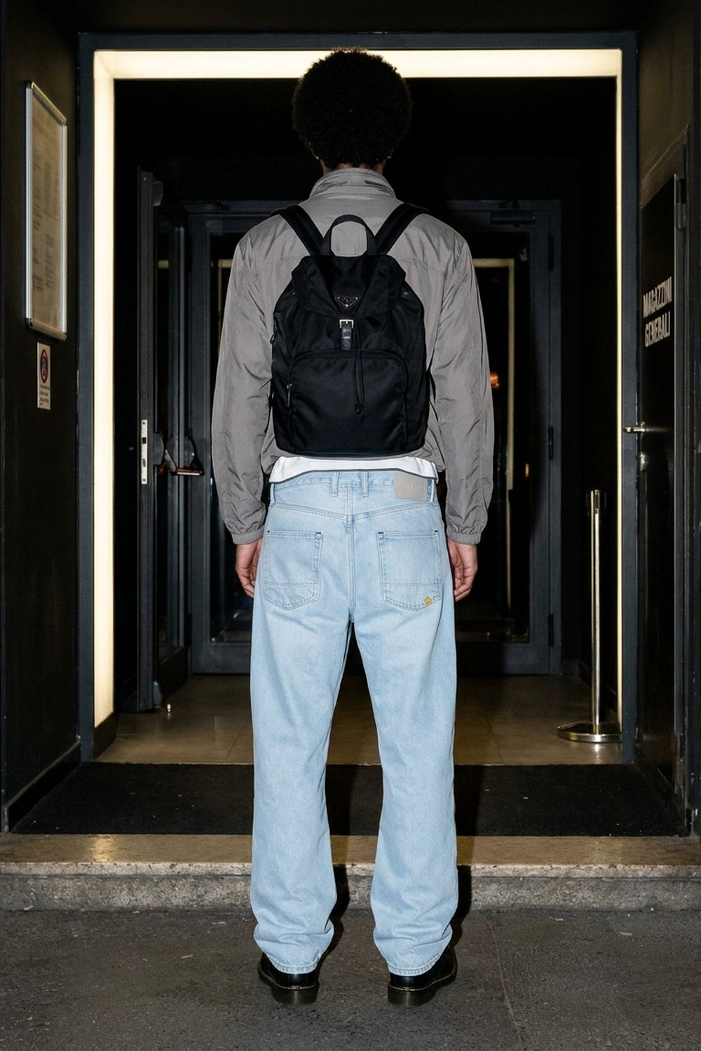 BOSTON WIDE FLARE JEANS Clear Sky men's full-body back view