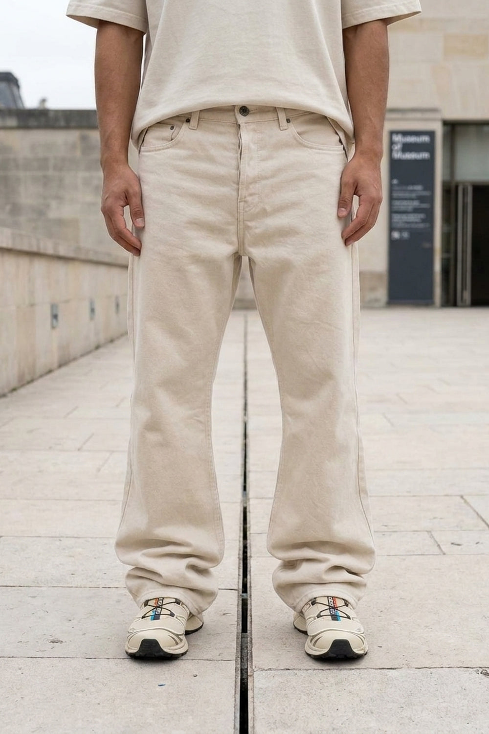 BOSTON WIDE FLARE JEANS Natural Ecru men's front waist-to-hem crop