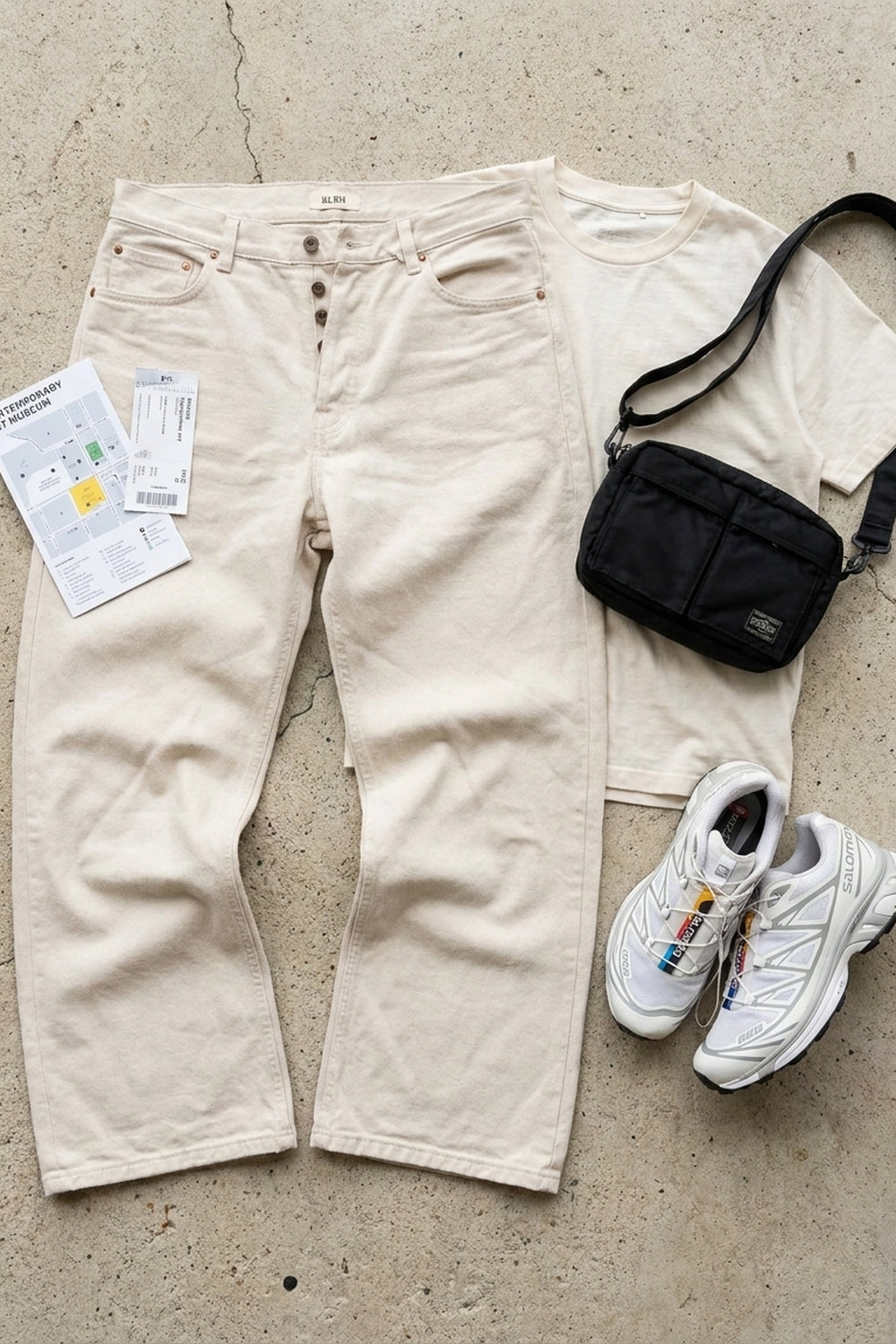 BOSTON WIDE FLARE JEANS Natural Ecru men's knolling flat lay