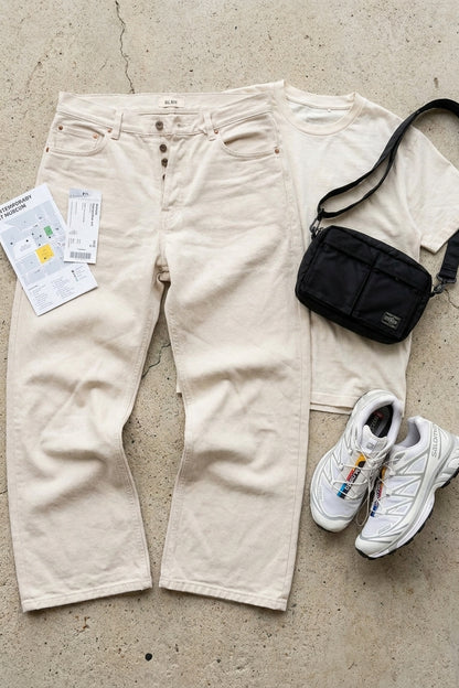 BOSTON WIDE FLARE JEANS Natural Ecru men's knolling flat lay