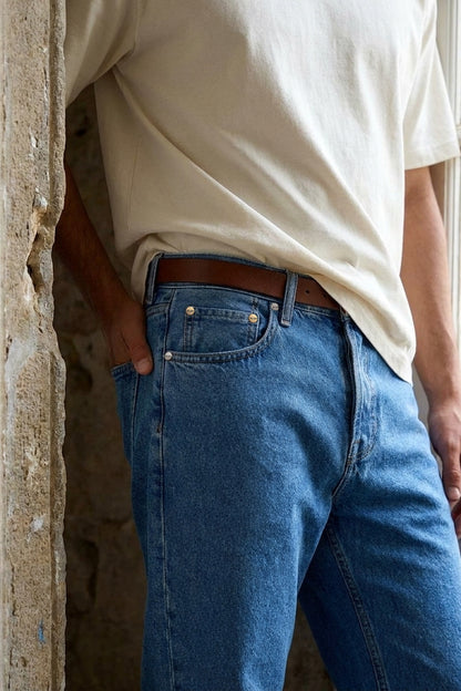RYAN REGULAR FIT JEANS Faded Blue men's front construction detail crop