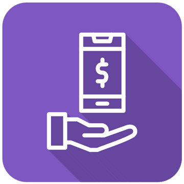 White icon of a hand holding a smartphone with a dollar sign on a purple square background