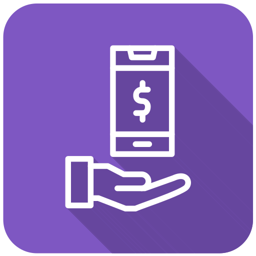White icon of a hand holding a smartphone with a dollar sign on a purple square background